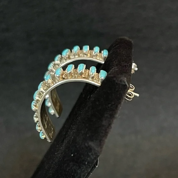 ZUNI TURQUOISE HALF HOOP STERLING EARRINGS - Picture 3 of 7